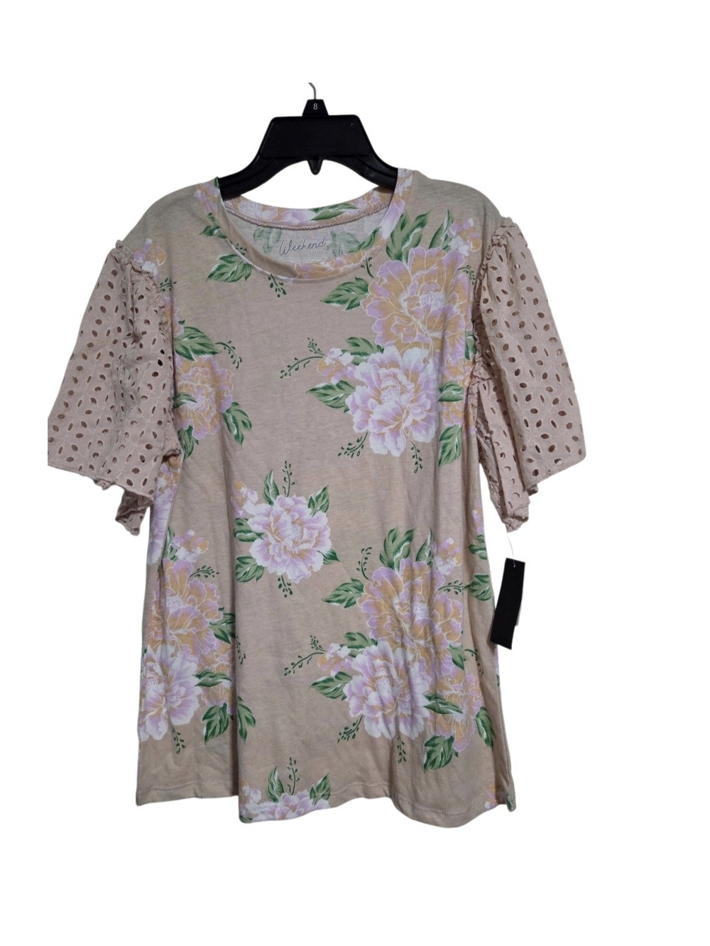 Beige Floral Eyelet Sleeve Blouse - Women's
